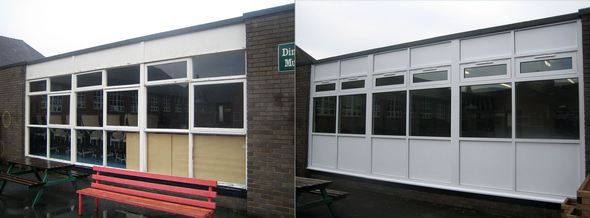 <strong>Infants & Junior School in West Midlands.</strong>Replacement timber windows with white commercial aluminium.